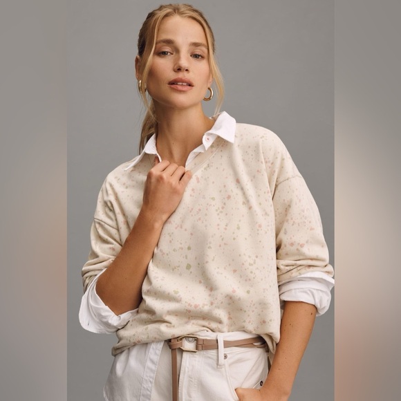 By ANTHROPOLOGIE Paint Splatter Long Sleeve Top Crew Sweatshirt Ivory Small - Picture 1 of 14